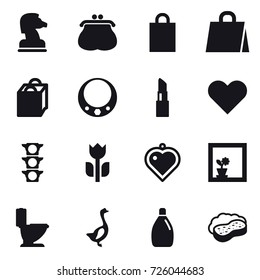 16 vector icon set : chess horse, purse, shopping bag, necklace, lipstick, heart pendant, flower in window, toilet, goose, cleanser, sponge with foam 16 vector icon set : chess horse, purse, shopping bag, necklace, lipstick, heart pendant, flower in window, toilet, goose, cleanser, sponge with foam