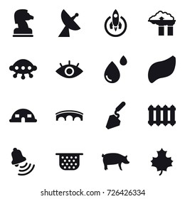 16 vector icon set : chess horse, satellite antenna, rocket, factory filter, ufo, dome house, bridge, construction, radiator, bell, colander, pig, maple leaf