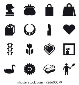 16 vector icon set : chess horse, purse, shopping bag, necklace, lipstick, heart pendant, flower in window, goose, flower, sponge with foam, woman with pipidaster