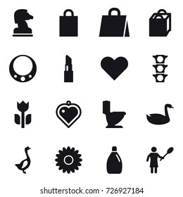 16 vector icon set : chess horse, shopping bag, necklace, lipstick, heart pendant, toilet, goose, flower, cleanser, woman with pipidaster