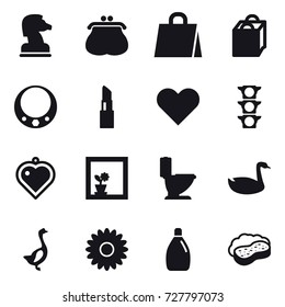 16 vector icon set : chess horse, purse, shopping bag, necklace, lipstick, heart pendant, flower in window, toilet, goose, flower, cleanser, sponge with foam
