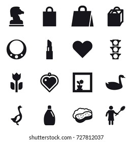 16 vector icon set : chess horse, shopping bag, necklace, lipstick, heart pendant, flower in window, goose, cleanser, sponge with foam, woman with pipidaster