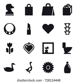 16 vector icon set : chess horse, shopping bag, necklace, lipstick, heart pendant, flower in window, toilet, goose, flower, cleanser