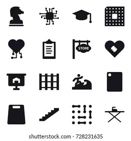16 vector icon set : chess horse, chip, graduate hat, cpu, cardio chip, clipboard, store signboard, presentation, surfer, cutting board, stairs, iron board