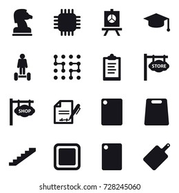 16 vector icon set : chess horse, chip, presentation, graduate hat, hoverboard, clipboard, store signboard, shop signboard, cutting board, stairs
