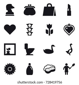 16 vector icon set : chess horse, purse, shopping bag, lipstick, heart pendant, flower in window, toilet, goose, flower, cleanser, sponge with foam, woman with pipidaster