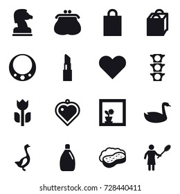 16 vector icon set : chess horse, purse, shopping bag, necklace, lipstick, heart pendant, flower in window, goose, cleanser, sponge with foam, woman with pipidaster