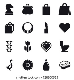 16 vector icon set : chess horse, purse, shopping bag, necklace, lipstick, heart pendant, toilet, goose, flower, cleanser, sponge with foam