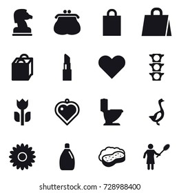 16 vector icon set : chess horse, purse, shopping bag, lipstick, heart pendant, toilet, goose, flower, cleanser, sponge with foam, woman with pipidaster