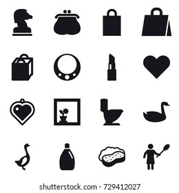 16 vector icon set : chess horse, purse, shopping bag, necklace, lipstick, heart pendant, flower in window, toilet, goose, cleanser, sponge with foam, woman with pipidaster