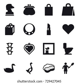 16 vector icon set : chess horse, purse, shopping bag, necklace, lipstick, heart pendant, flower in window, toilet, goose, sponge with foam, woman with pipidaster