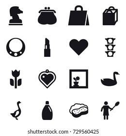 16 vector icon set : chess horse, purse, shopping bag, necklace, lipstick, heart pendant, flower in window, goose, cleanser, sponge with foam, woman with pipidaster