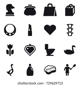 16 vector icon set : chess horse, purse, shopping bag, necklace, lipstick, heart pendant, toilet, goose, cleanser, sponge with foam, woman with pipidaster