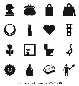 16 vector icon set : chess horse, purse, shopping bag, necklace, lipstick, flower in window, toilet, goose, flower, cleanser, sponge with foam, woman with pipidaster