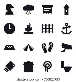 16 vector icon set : chess horse, cloud wireless, atm receipt, tower, taxi, tent, flip-flops, pan, toilet