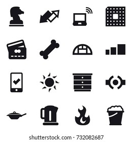 16 vector icon set : chess horse, up down arrow, notebook wireless, cpu, credit card, greenhouse, mobile checking, sun, chest of drawers, pan, kettle, foam bucket