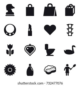 16 vector icon set : chess horse, shopping bag, necklace, lipstick, heart pendant, toilet, goose, flower, cleanser, sponge with foam, woman with pipidaster