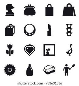 16 vector icon set : chess horse, purse, shopping bag, necklace, lipstick, heart pendant, flower in window, goose, flower, cleanser, sponge with foam, woman with pipidaster