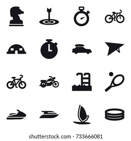 16 vector icon set : chess horse, target, stopwatch, bike, dome house, car baggage, deltaplane, motorcycle, pool, tennis, jet ski, yacht, windsurfing, inflatable pool