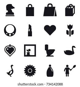 16 vector icon set : chess horse, shopping bag, necklace, lipstick, heart pendant, flower in window, toilet, goose, flower, cleanser, woman with pipidaster