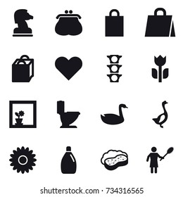 16 vector icon set : chess horse, purse, shopping bag, flower in window, toilet, goose, flower, cleanser, sponge with foam, woman with pipidaster