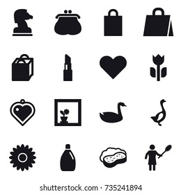 16 vector icon set : chess horse, purse, shopping bag, lipstick, heart pendant, flower in window, goose, flower, cleanser, sponge with foam, woman with pipidaster