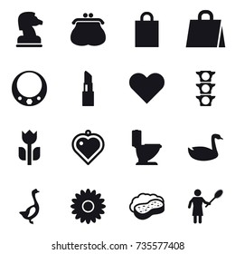 16 vector icon set : chess horse, purse, shopping bag, necklace, lipstick, heart pendant, toilet, goose, flower, sponge with foam, woman with pipidaster