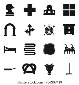 16 vector icon set : chess horse, mansion, window, arch, disco ball, nightstand, bed, towels, pan, cow, rake