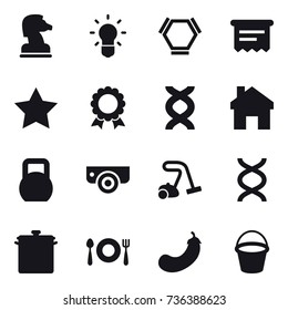 16 vector icon set : chess horse, bulb, hex molecule, atm receipt, star, medal, home, surveillance camera, vacuum cleaner, pan, eggplant, bucket
