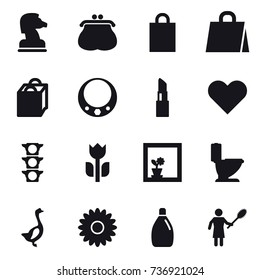 16 vector icon set : chess horse, purse, shopping bag, necklace, lipstick, flower in window, toilet, goose, flower, cleanser, woman with pipidaster