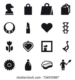 16 vector icon set : chess horse, shopping bag, necklace, lipstick, heart pendant, flower in window, goose, flower, cleanser, sponge with foam, woman with pipidaster