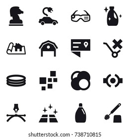 16 vector icon set : chess horse, electric car, smart glasses, cleanser, project, barn, inflatable pool, clean floor, toilet brush