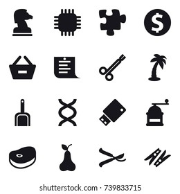 16 vector icon set : chess horse, chip, puzzle, dollar coin, remove from basket, shopping list, palm, scoop, hand mill, pear, pruner, clothespin