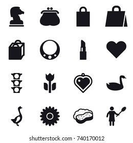 16 vector icon set : chess horse, purse, shopping bag, necklace, lipstick, heart pendant, goose, flower, sponge with foam, woman with pipidaster