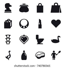 16 vector icon set : chess horse, purse, shopping bag, necklace, lipstick, heart pendant, toilet, goose, cleanser, sponge with foam, woman with pipidaster