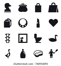 16 vector icon set : chess horse, purse, shopping bag, necklace, lipstick, flower in window, toilet, goose, cleanser, sponge with foam, woman with pipidaster