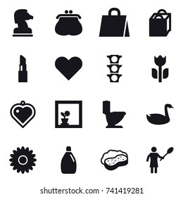 16 vector icon set : chess horse, purse, shopping bag, lipstick, heart pendant, flower in window, toilet, goose, flower, cleanser, sponge with foam, woman with pipidaster