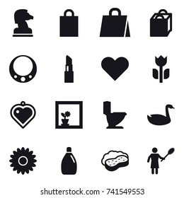 16 vector icon set : chess horse, shopping bag, necklace, lipstick, heart pendant, flower in window, toilet, goose, flower, cleanser, sponge with foam, woman with pipidaster