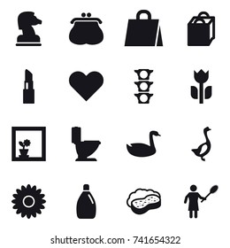 16 vector icon set : chess horse, purse, shopping bag, lipstick, flower in window, toilet, goose, flower, cleanser, sponge with foam, woman with pipidaster