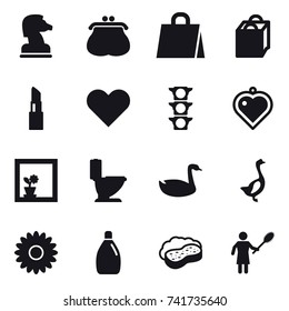 16 vector icon set : chess horse, purse, shopping bag, lipstick, heart pendant, flower in window, toilet, goose, flower, cleanser, sponge with foam, woman with pipidaster