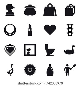 16 vector icon set : chess horse, purse, shopping bag, necklace, lipstick, heart pendant, flower in window, toilet, goose, flower, cleanser, woman with pipidaster