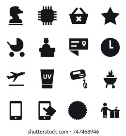 16 vector icon set : chess horse, chip, delete cart, star, baby stroller, departure, uv cream, mixer, bbq, kitchen cleaning