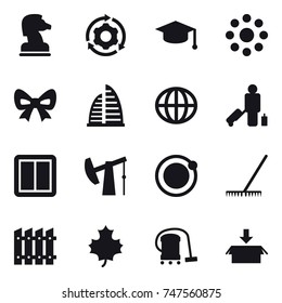 16 vector icon set : chess horse, around gear, graduate hat, round around, bow, skyscraper, globe, passenger, power switch, rake, fence, maple leaf, vacuum cleaner, package