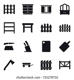 16 vector icon set : chest of drawers, wardrobe, dresser, rack, stool, fence, cutting board, stands for knives, axe, trailer, farm fence