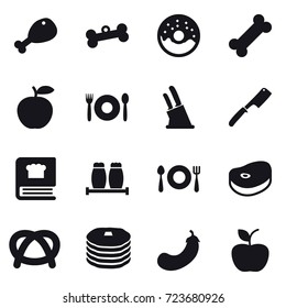 16 vector icon set : chicken leg, bone, donut, cafe, knife holder, chef knife, eggplant, apple