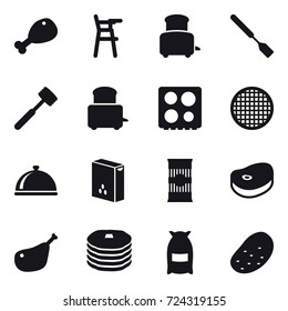 16 vector icon set : chicken leg, Chair for babies, toaster, spatula, meat hammer, flour, potato