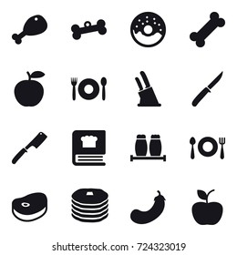 16 vector icon set : chicken leg, bone, donut, cafe, knife holder, knife, chef knife, eggplant, apple