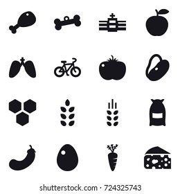 16 vector icon set : chicken leg, bone, bike, honeycombs, spikelets, flour, eggplant, egg, carrot, cheese