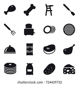 16 vector icon set : chicken leg, Chair for babies, spatula, big fork, flour, potato, cheese