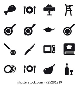 16 vector icon set : chicken leg, cafe, restaurant, Chair for babies, pan, skimmer, knife, wine